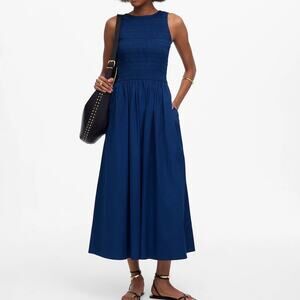 Madewell Size XL Dress Smocked Midi Scoop Back 100% Cotton Poplin Pockets